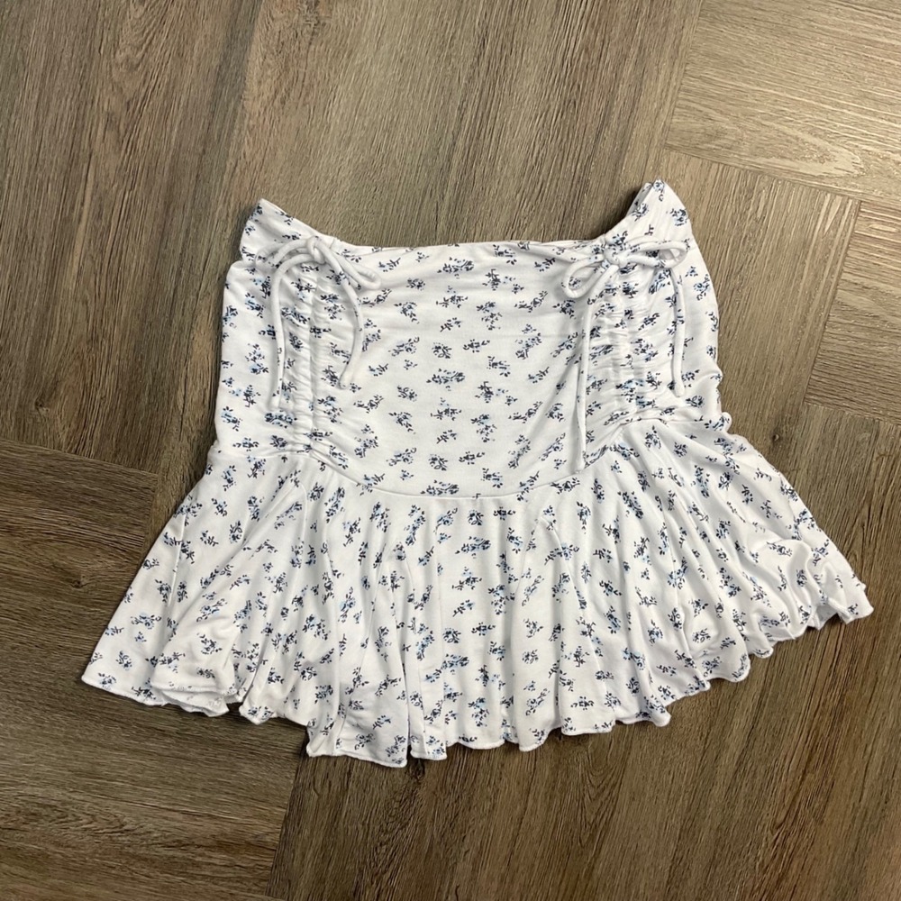 KatieJ NYC Junior Jax Drawstring Ditsy Floral Ruched Mini Skirt XS White Blue